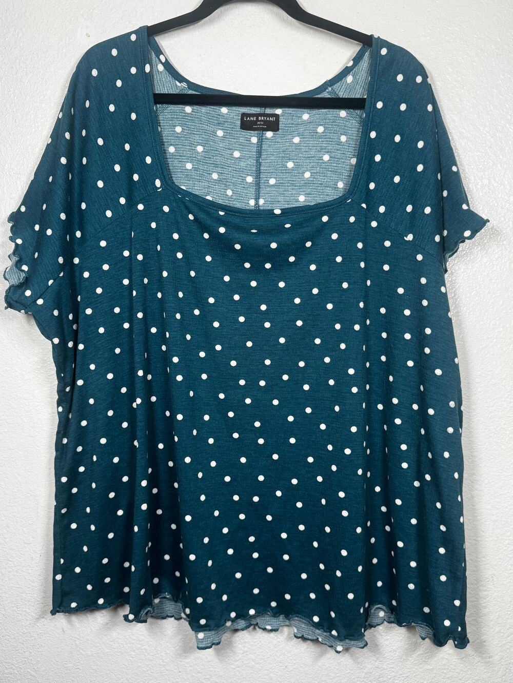 New Lane Bryant Top Teal Blue White Textured Polka Dot Short Sleeve Sz 30/32